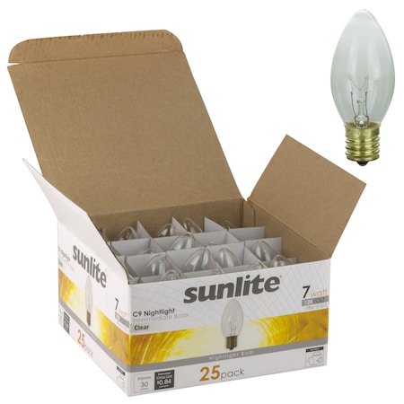 Sunlite 7C9/CL Incandescent 7-Watt, Intermediate Based, C9 Night Light Bulb, Clear, 25PK 01315-SU